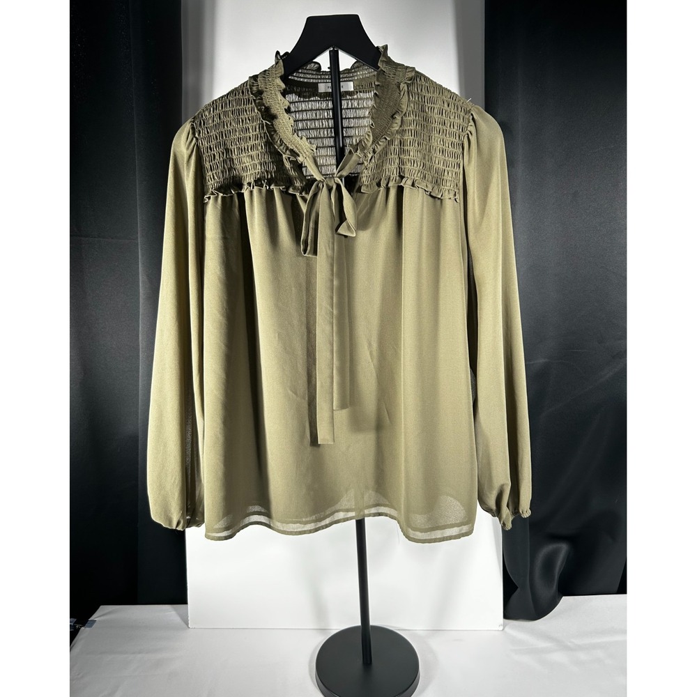 Pleione Olive Green Smocked Yoke Tie Neck Blouse Womens Medium Flowy Top